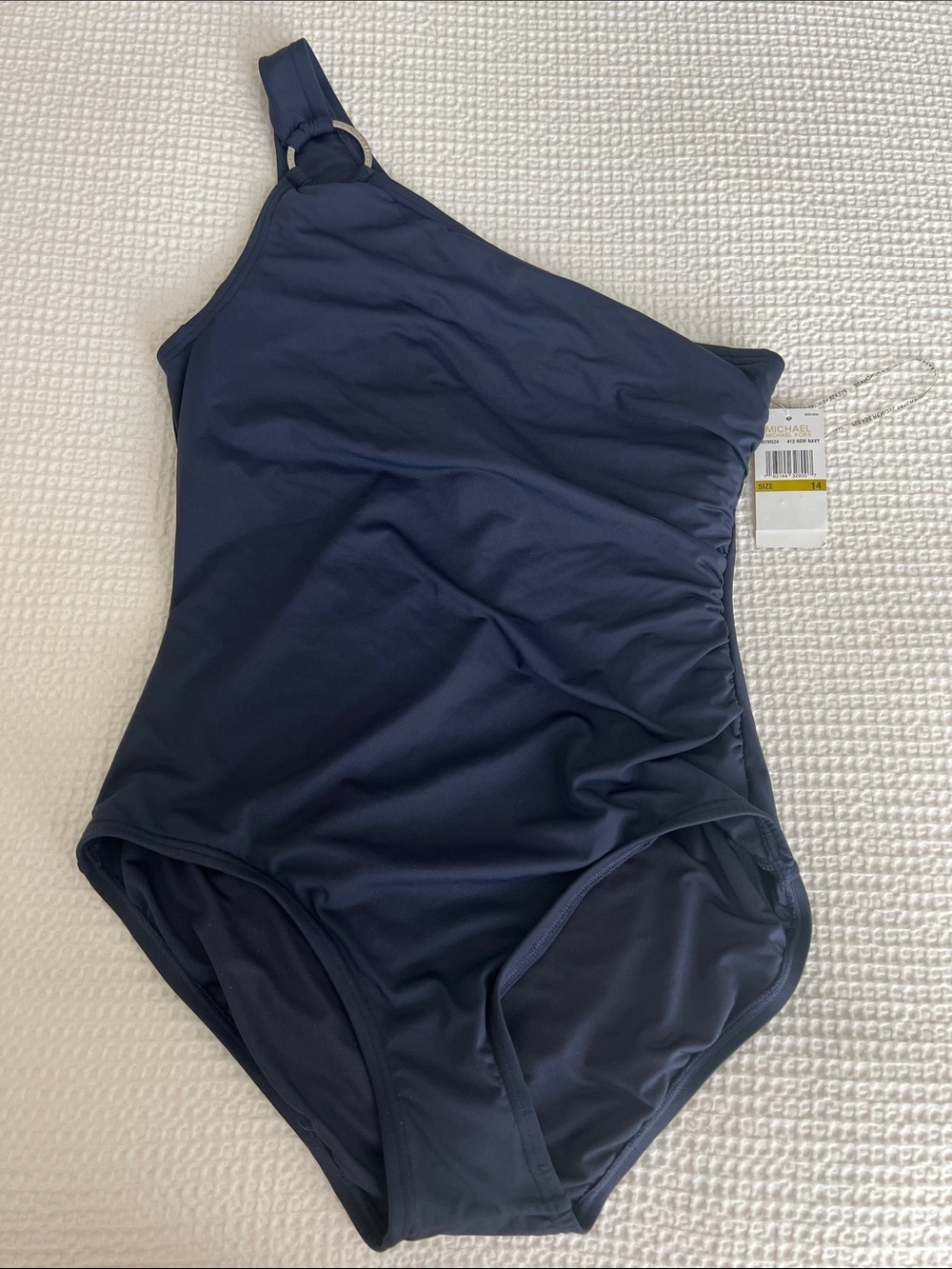 One-Shoulder Navy Swimsuit with Ring Detail